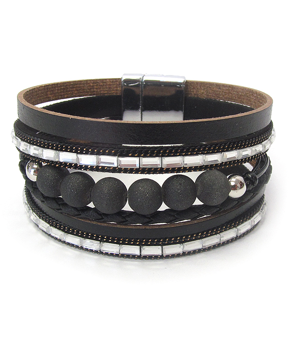 Ball bead and multi row leatherette magnetic bracelet