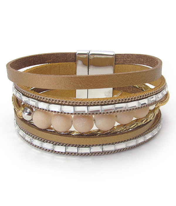 Ball bead and multi row leatherette magnetic bracelet