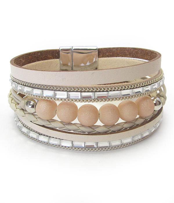 BALL BEAD AND MULTI ROW LEATHERETTE MAGNETIC BRACELET
