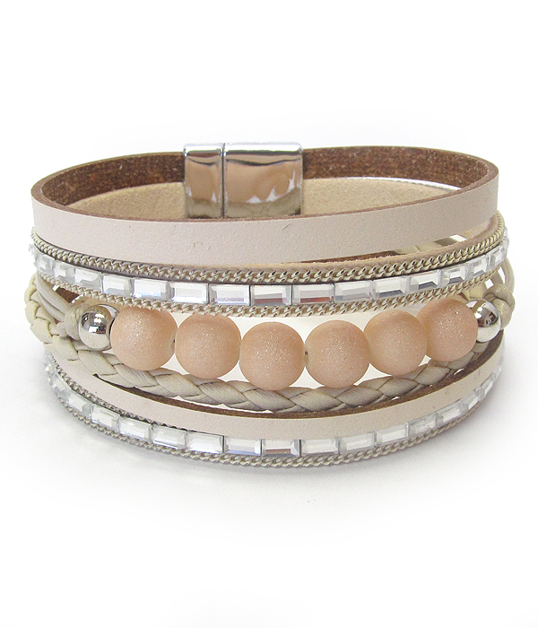 Ball bead and multi row leatherette magnetic bracelet