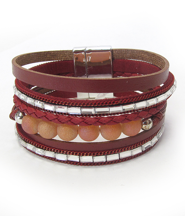 BALL BEAD AND MULTI ROW LEATHERETTE MAGNETIC BRACELET