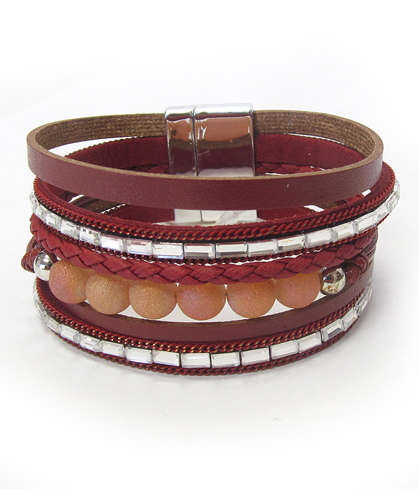Ball bead and multi row leatherette magnetic bracelet