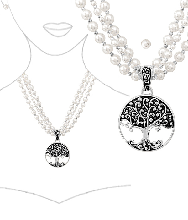 RELIGIOUS INSPIRATION MULTI PEARL CHAIN NECKLACE SET - TREE OF LIFE