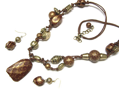 Patina beads braided cord long necklace and earring set