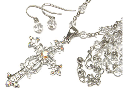 Crystal cross and beads chain necklace and earring set