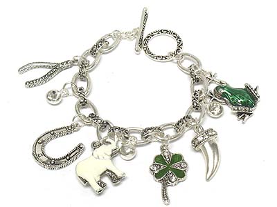 Crystal deco frog and elephant multi theme charms and cubic toggle bracelet
