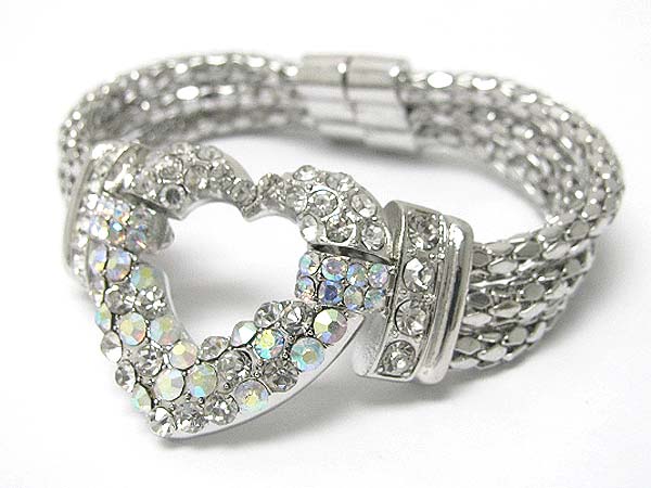 Crystal stud heart and triple metal chain link magnetic clasp bracelet