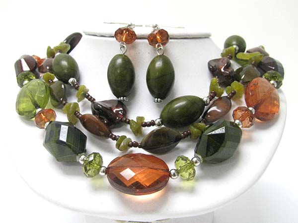 Triple strand mixed beads and stone necklace earring set