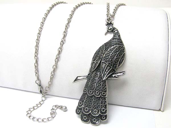 Burnish metal detail textured peacock pendant long chain necklace