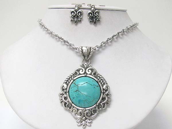 Natural round stone metal pendant necklace earring set