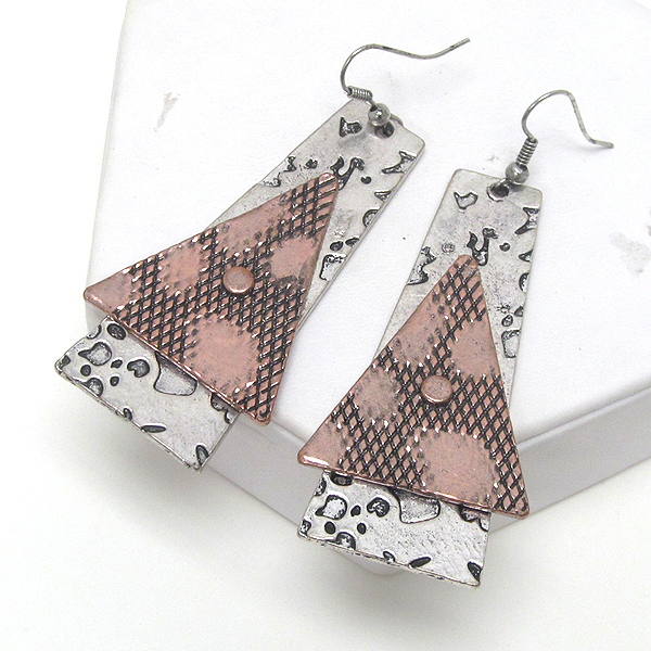 Hand made metal art rectangle and triangle drop earring