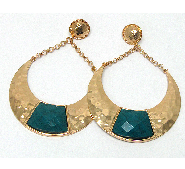 Metal hammered half oval and chain on center crystal glass drop earring