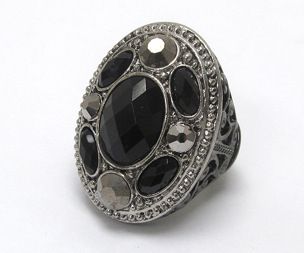 Crystal and facet acryl stone filigree metal stretch ring