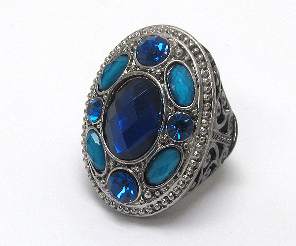 Crystal and facet acryl stone filigree metal stretch ring
