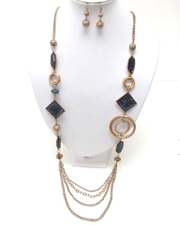 Facet acrylic stone with round rings and metal balls drop multi chan long necklace earring set