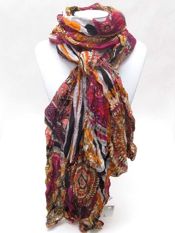 Multi color and stripe pattern print wrinkled scarf