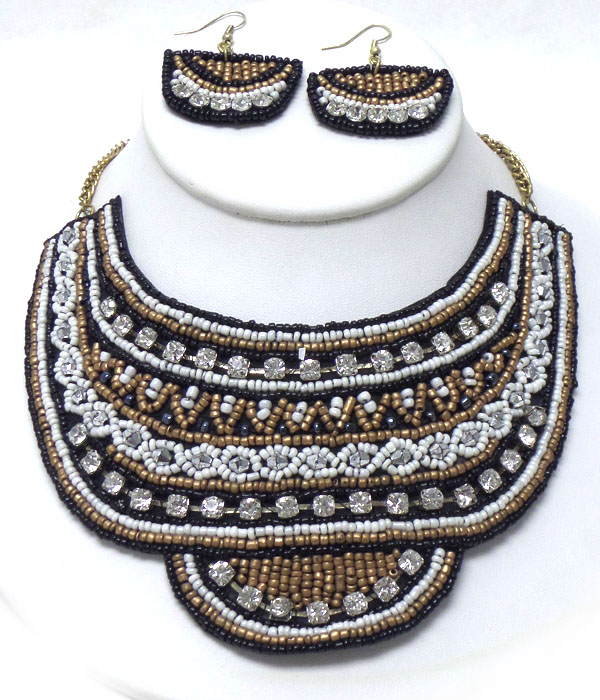 Multi layer pattern of seedbeads and crystals necklace set