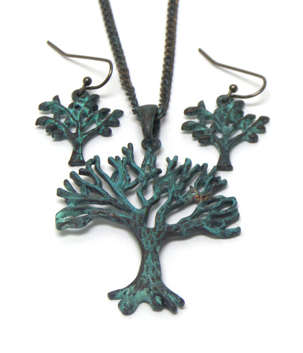 Handmade vintage rustic tree of life pendant necklace set