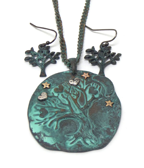 Handmade vintage rustic tree of life pendant necklace set