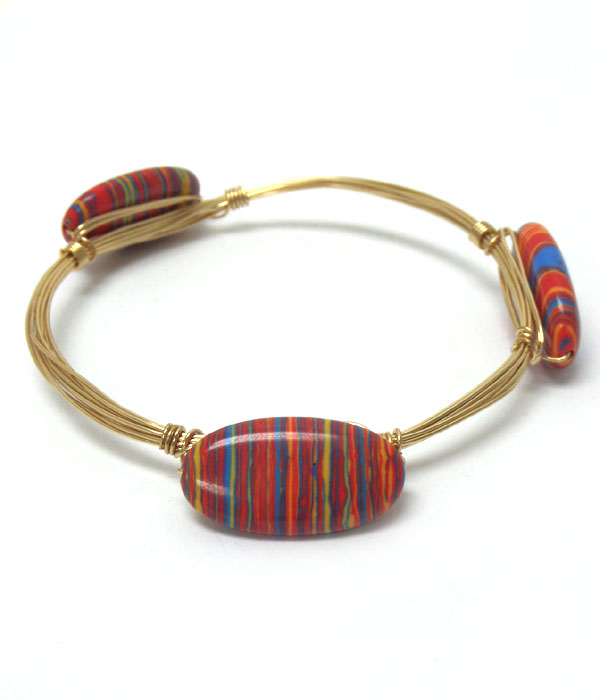 Handmade semi precious stone and bourbon wire wrapped bangle bracelet