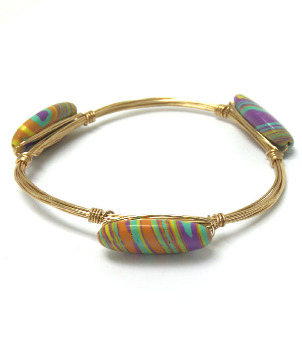 Handmade semi precious stone and bourbon wire wrapped bangle bracelet