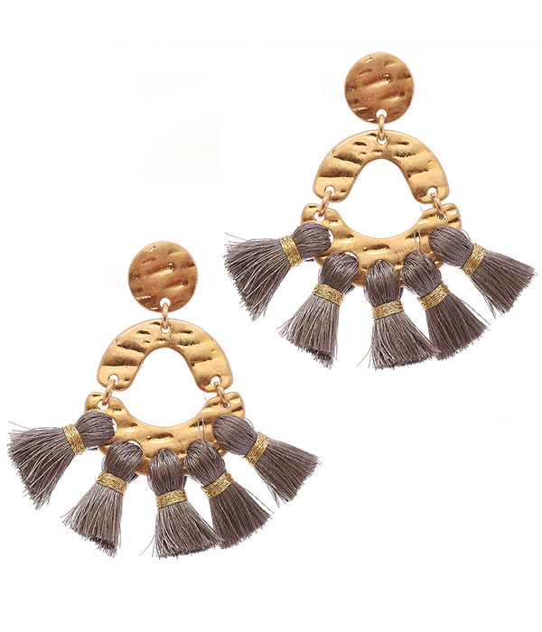 Textured metal and thread tassel earring