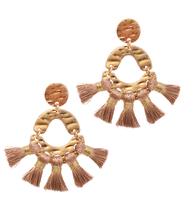 Textured metal and thread tassel earring