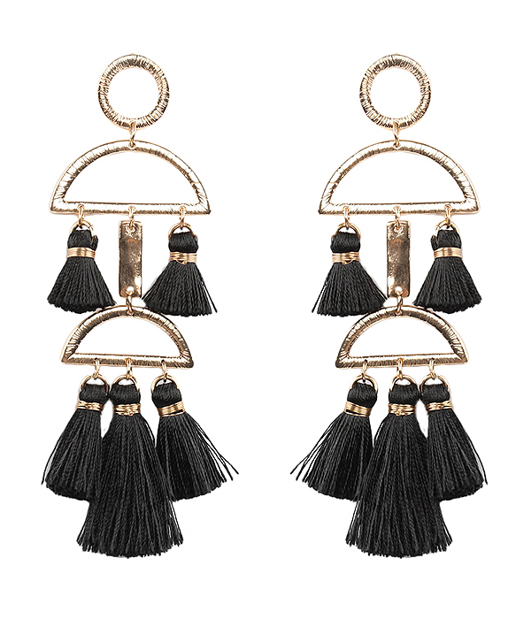 GEOMETRIC PATTERN METAL AND MULTI THREAD TASSEL STATEMENT EARRING