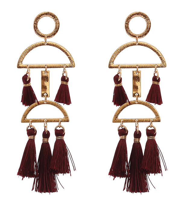 Geometric pattern metal and multi thread tassel statement earring