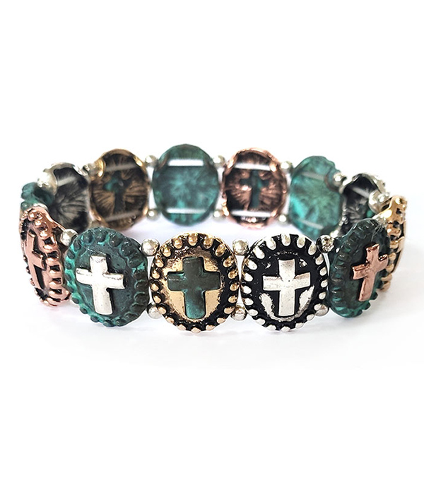 Vintage metal cross stretch bracelet