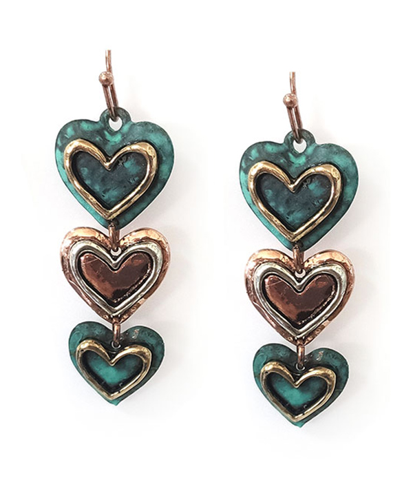 VINTAGE METAL MULTI HAMMERED HEART DROP EARRING