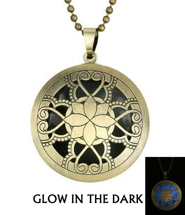 Metal filigree puffy disk glow in the dark necklace