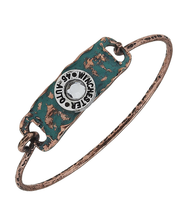 Handmade bullet center patina plate wire latch bangle bracelet