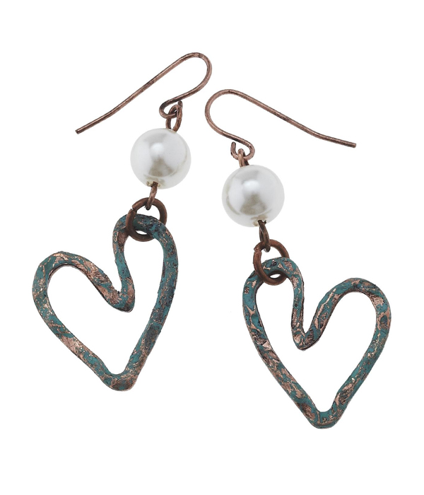 Handmade patina heart and pearl drop earring