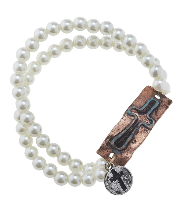 Handmade cross plate and double pearl stretch chain bracelet
