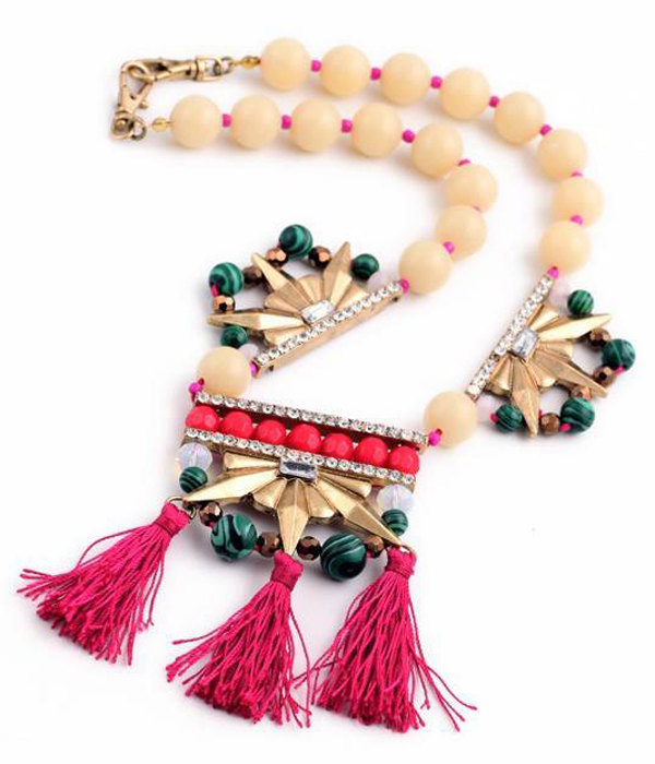 Boutique style multi natural ball bead and pom necklace