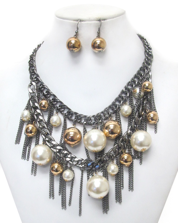 Multi pearl and chain tassel double layer necklace set