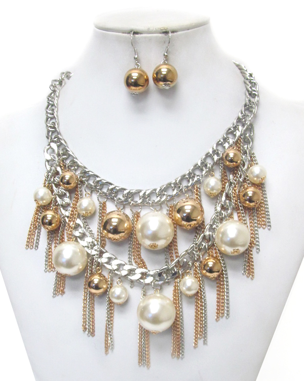 Multi pearl and chain tassel double layer necklace set