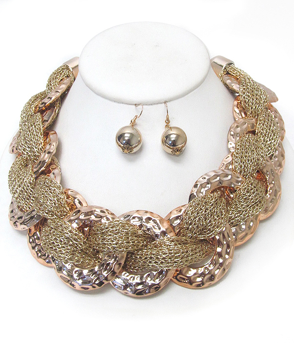 Hammered metal chain and net mesh braid necklace set