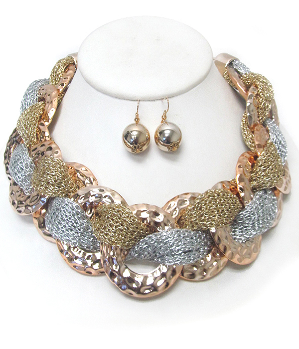 Hammered metal chain and net mesh braid necklace set