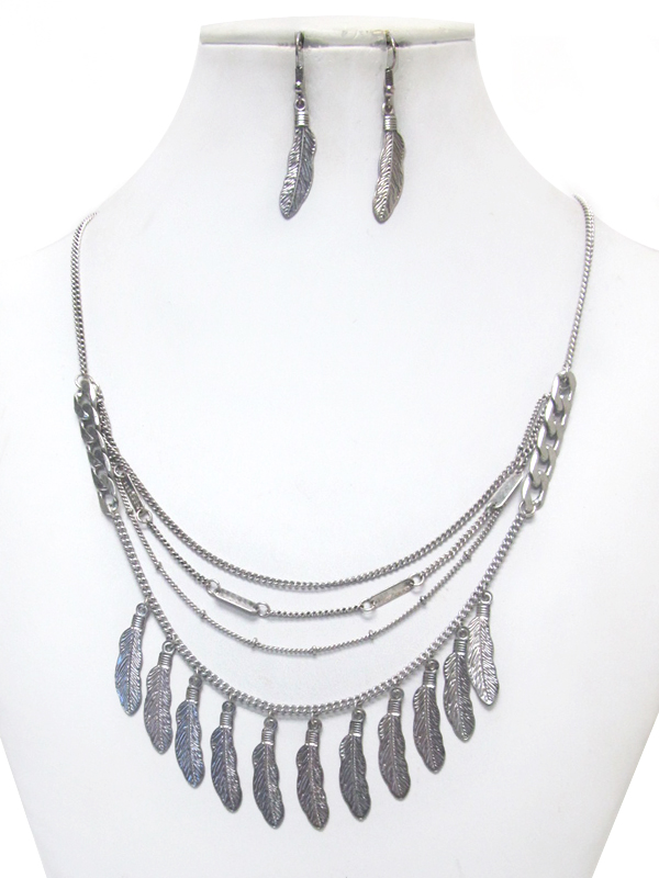 Bohemian style multi feather and layered chain necklace set