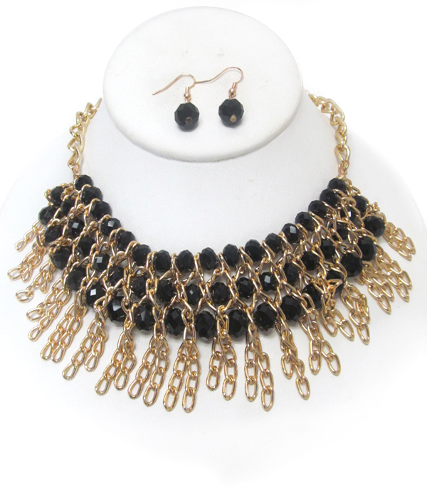 Multi stone and chain link drop bib necklace set
