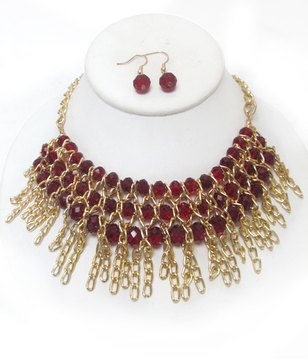 Multi stone and chain link drop bib necklace set