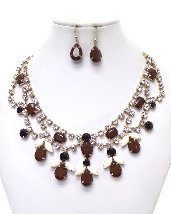 Multi teardrop stone and crystal chain necklace set 