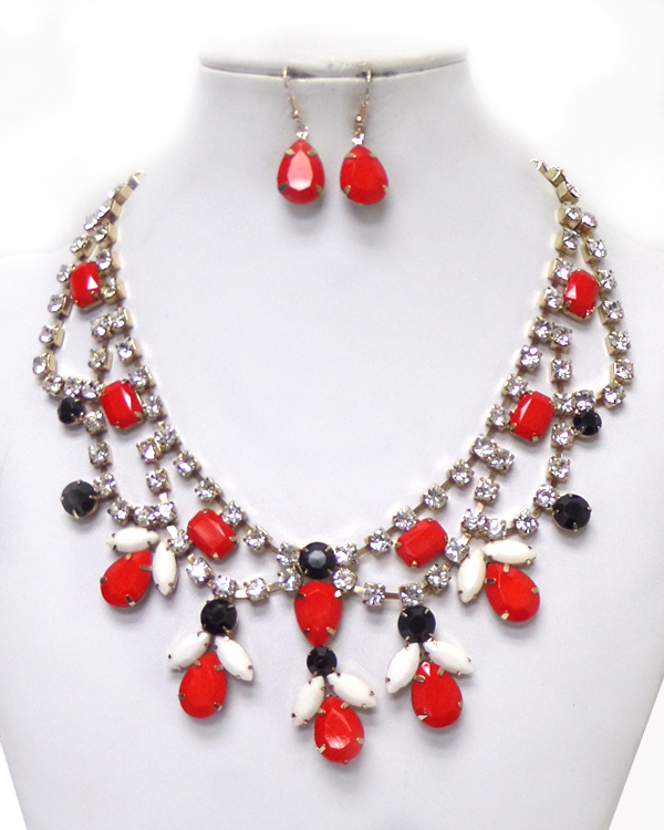 MULTI TEARDROP STONE AND CRYSTAL CHAIN NECKLACE SET 