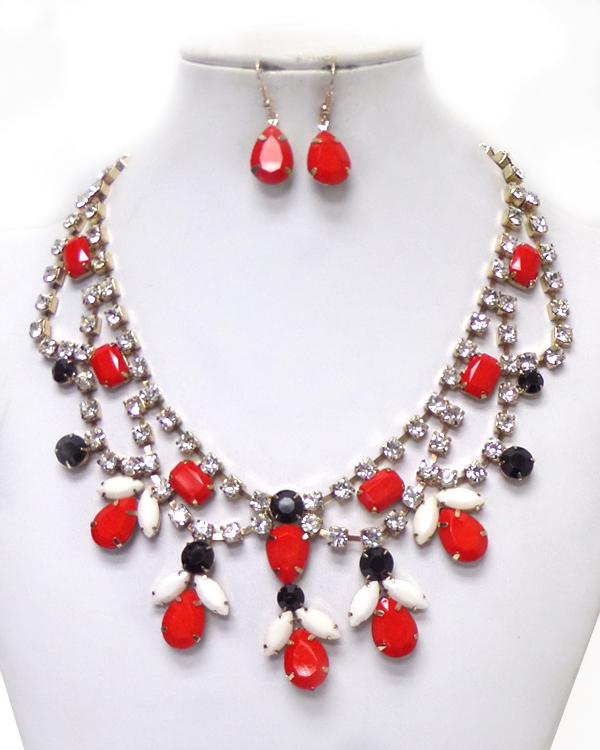 Multi teardrop stone and crystal chain necklace set 