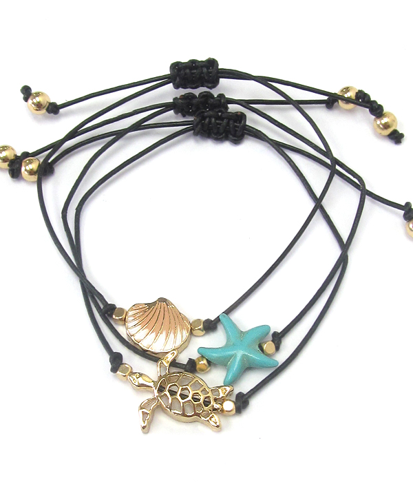 Sealife theme epoxy 3 piece pull tie cord bracelet set
