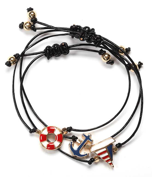 Nautical theme epoxy 3 piece pull tie cord bracelet set