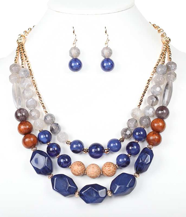 Multi facet resin stone and wood ball bead mix 3 layer necklace set