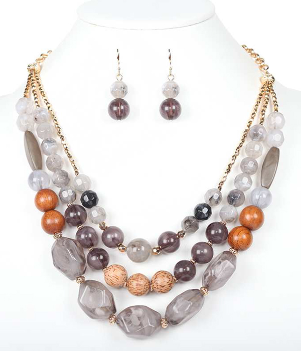 Multi facet resin stone and wood ball bead mix 3 layer necklace set